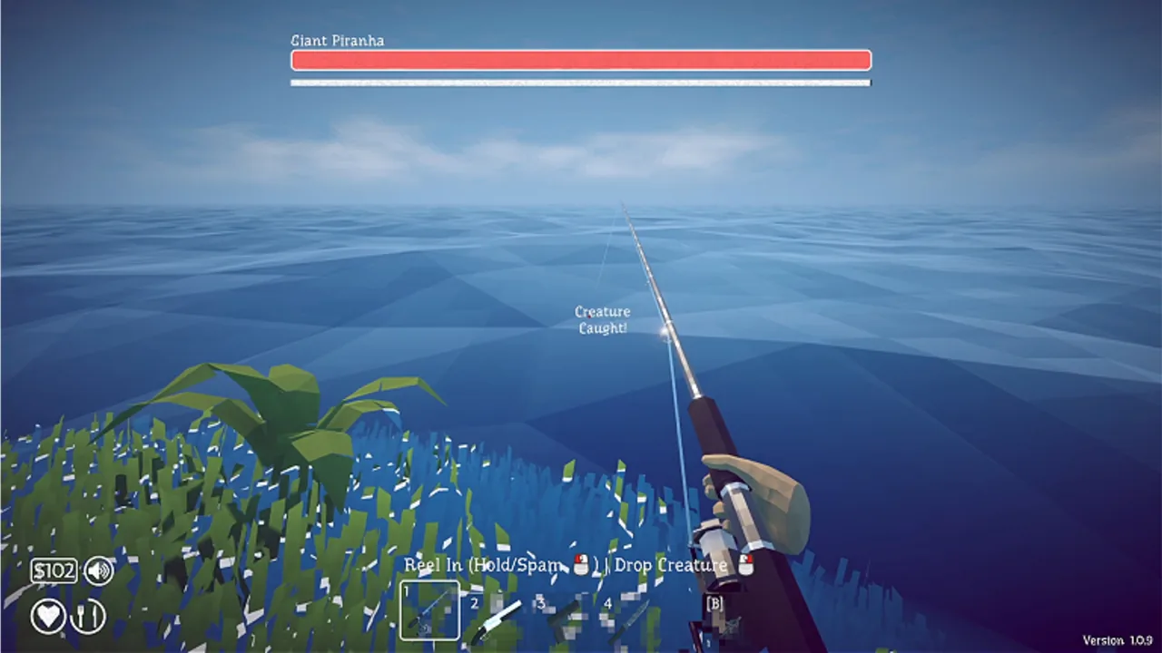 The Giant Piranha fight begins after it takes the bait