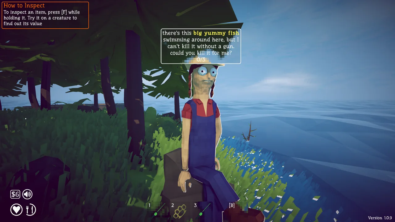 Talk to the woman to learn about the Giant Piranha and the leech-bait request