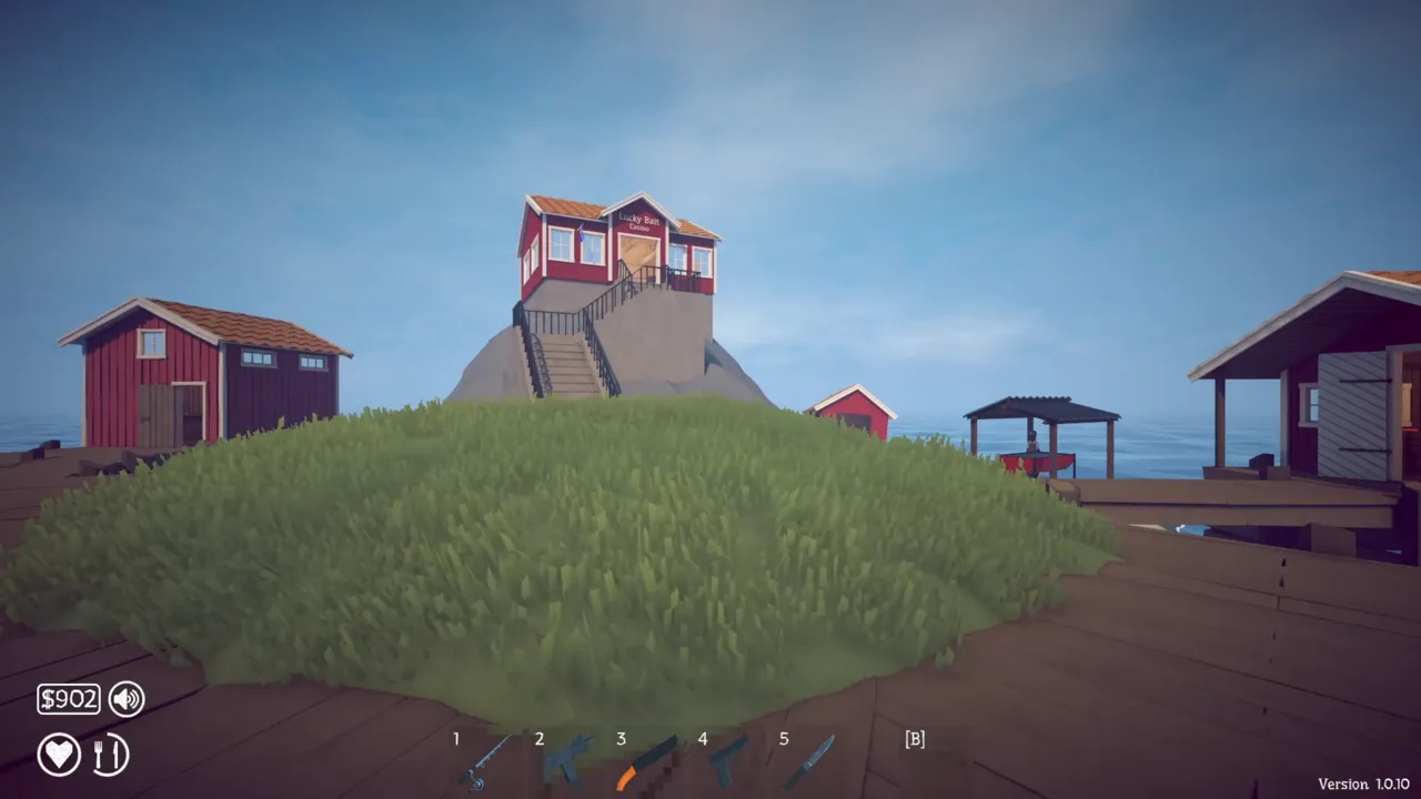 Overview of the rocky island, with Lucky Bait Casino on the hill