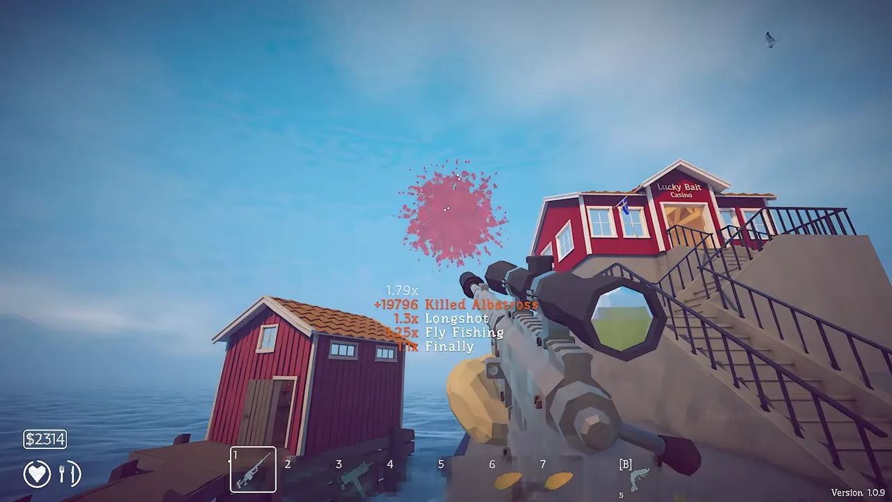 The Albatross drops its head after it is killed. Look around the buildings and shoreline.