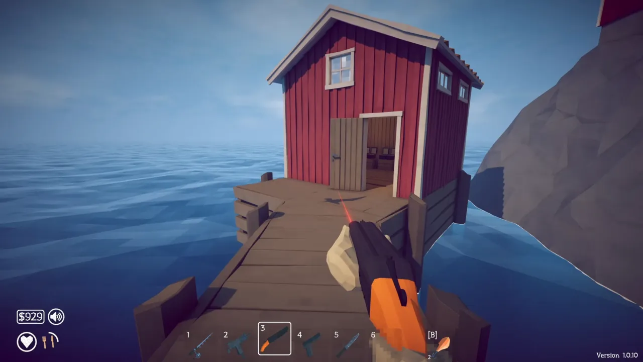 The red shop building on the dock