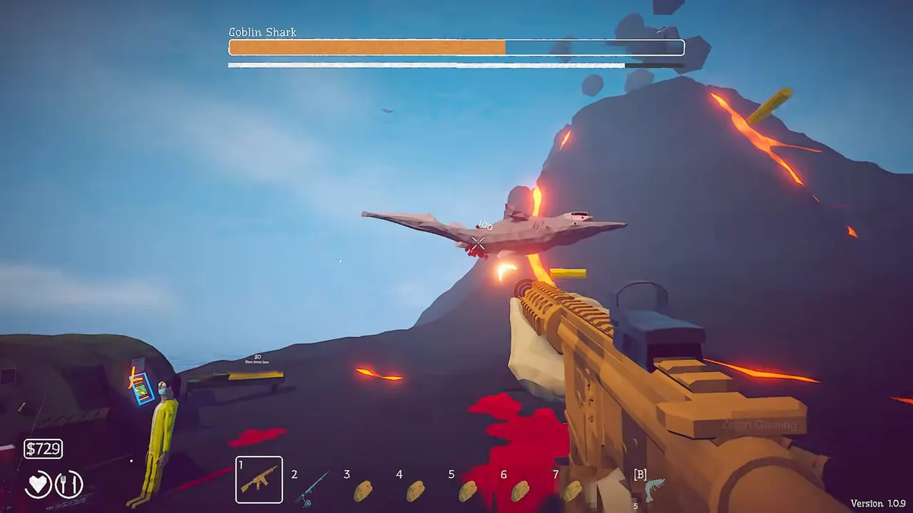 Volcano island shoreline, with lava channels and the crater behind. The screenshot shows a Goblin Shark fight on the shore.